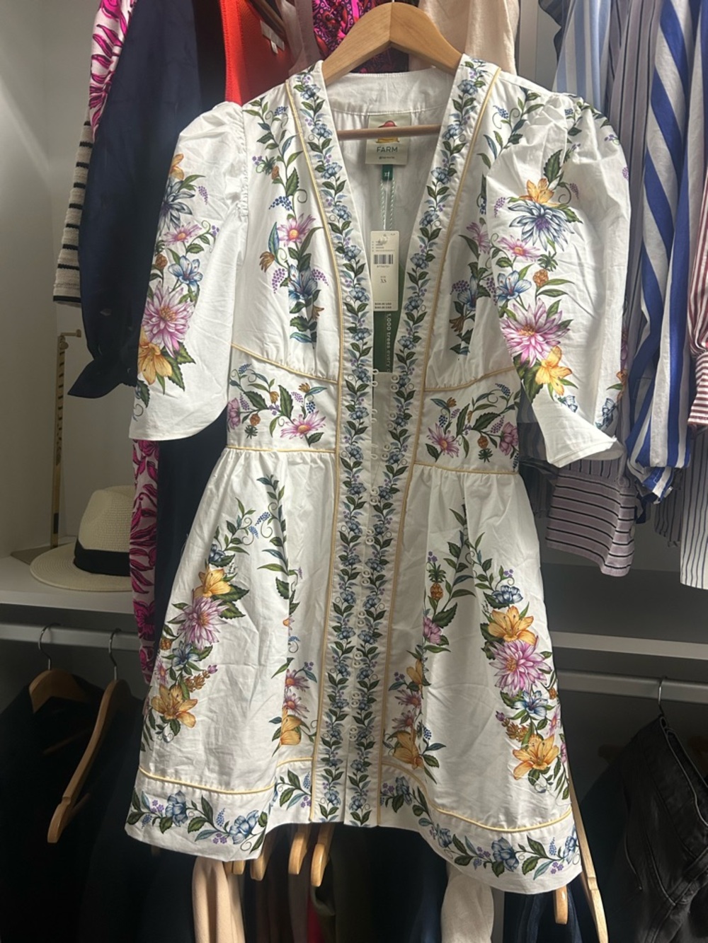 FARM Rio White Floral Embroidered Mini Dress with Yellow Piping - Picture 3 of 8